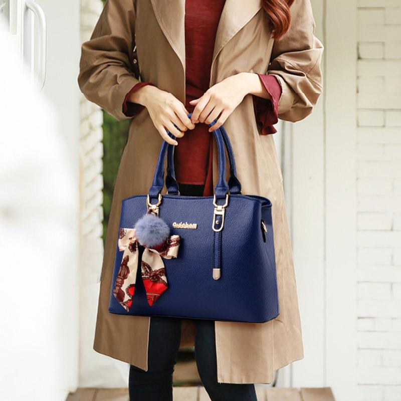 2025 New Stylish Large-capacity Solid Color Handbag PU Waterproof Messenger Bag Plush Pendant Simple Shoulder Bag