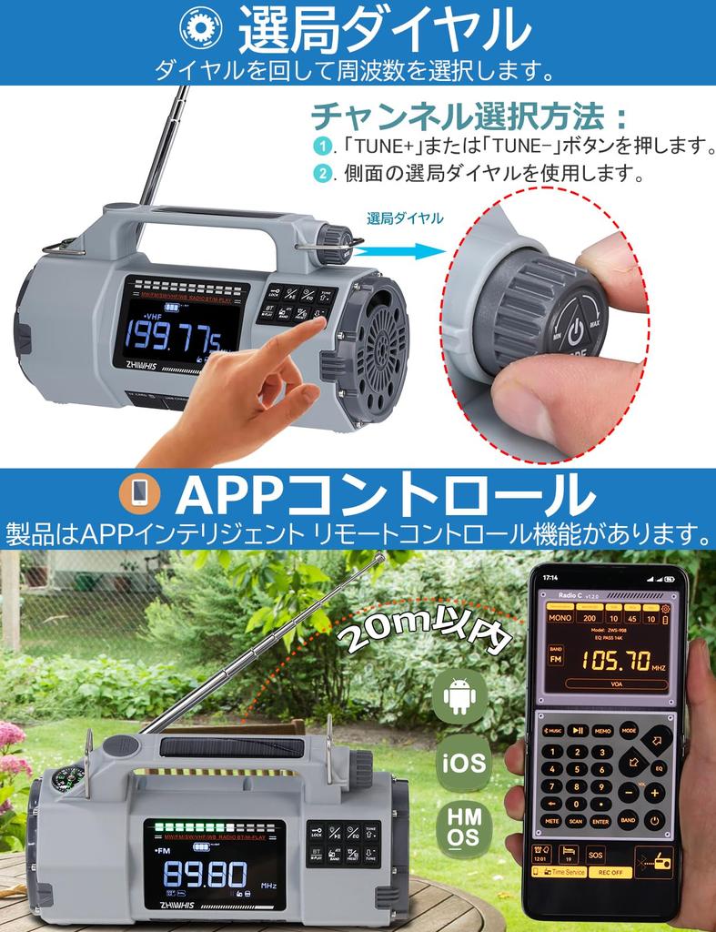 ZHIWHIS Emergency Radio with Bluetooth Micro SD Card App FM Hand and Battery Earthquake and Typhoon Emergency New for 2025 Speaker, Playback, Control,