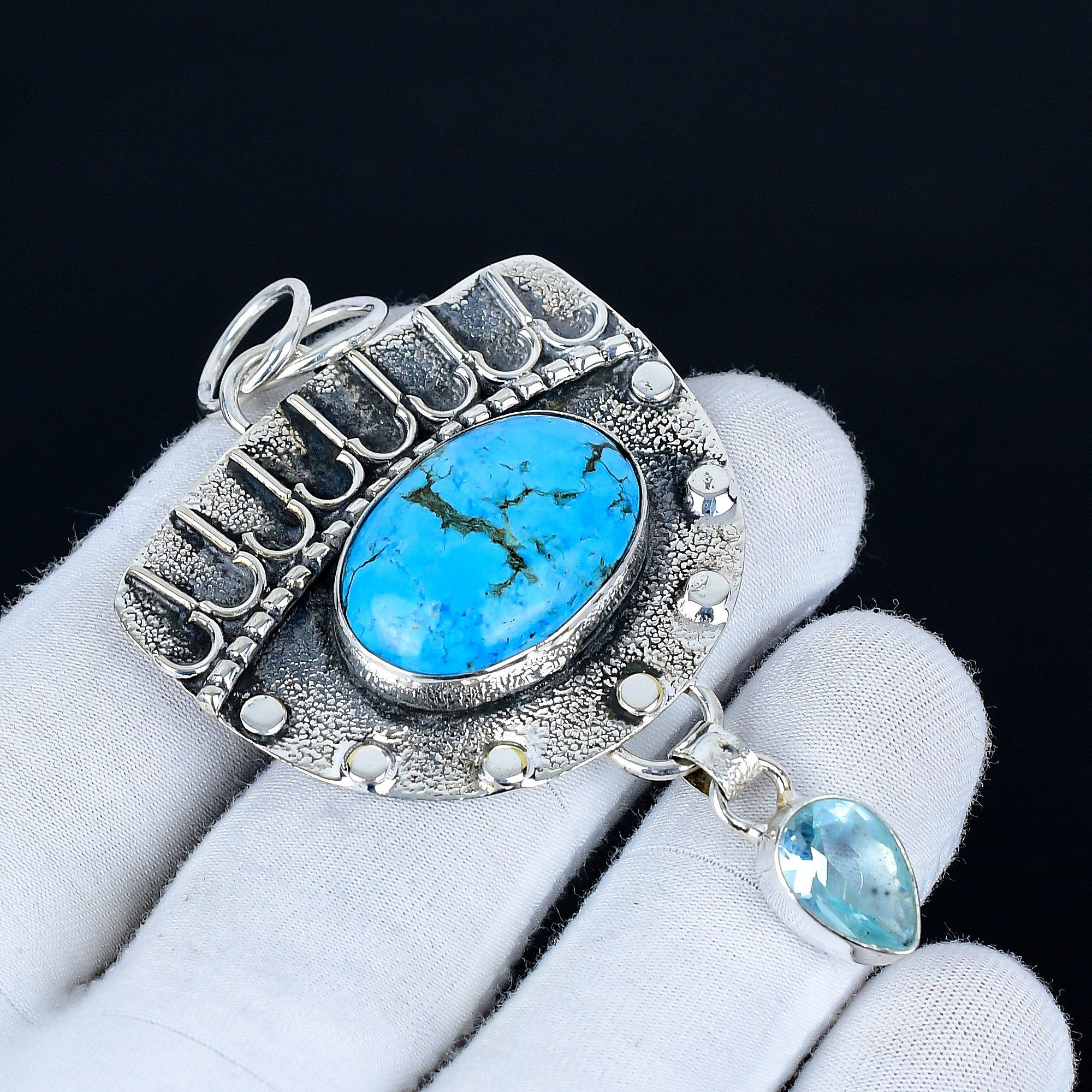 

Tibetan Turquoise Pendant, 925 Sterling Silver Handmade Jewelry, Aquamarine Silver Pendant, Party Wear Jewelry For Women s, Pendant Wadding Gift 7 Cm синій
