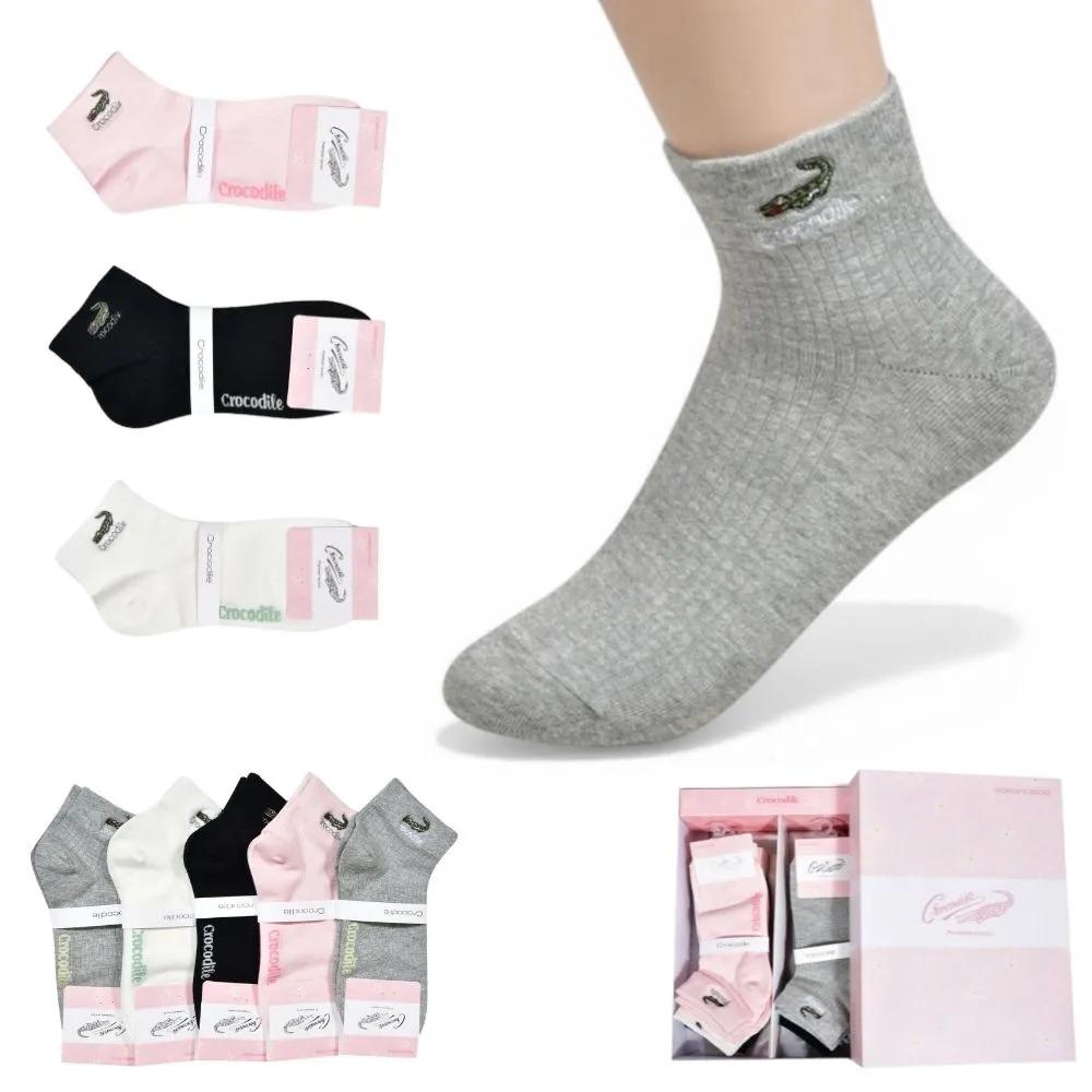 [Crocodile] Pastel Logo Lettering 5 Pairs Ribbed Women s Ankle Casual Socks Cotton Socks Basic Socks 23~25cm Random Shipping (5 Pairs)