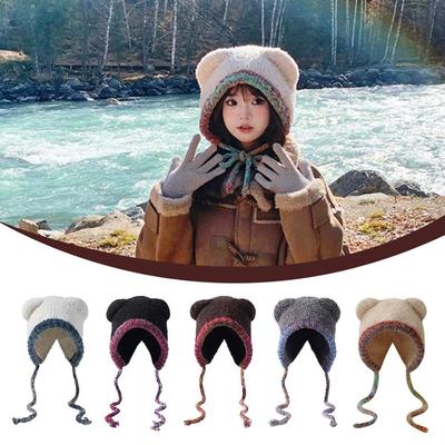 Bear Ear Beanies Cap Windproof Ear Protection Cap Casual Knitted Woolen Hat  Outdoor