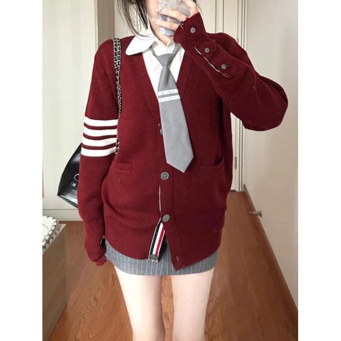 

Женский красный полосатый вязаный кардиган - свитер в американском повседневном стиле для колледжа на осень и зиму One Size