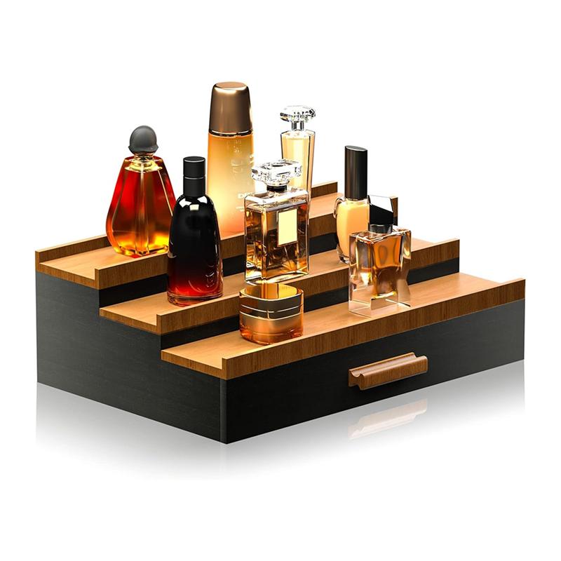 Espositore per Profumi in Legno con Cassetto, Organizer a Gradini a 3 Livelli per Cosmetici, Scatola Porta Trucchi per Comodino e Bagno