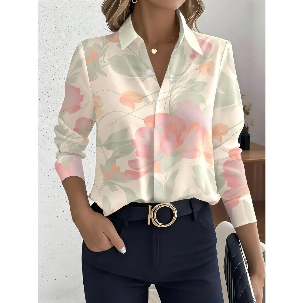 2026 New Women's Long-sleeved Shirt, Fresh and Elegant Flower-printed Slim-fitting Top