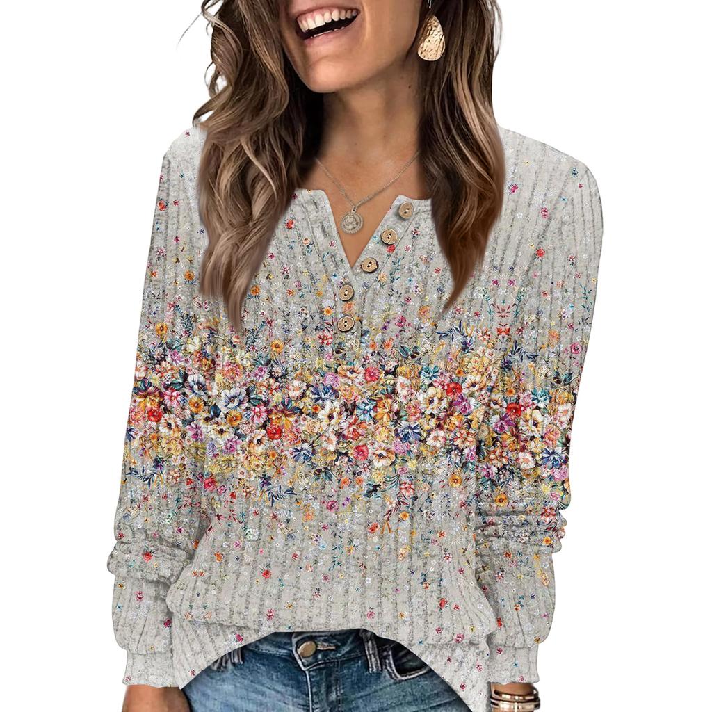 Women's Fashion V-Neck Button-Up T-Shirt With Floral Print Long-Sleeved Top