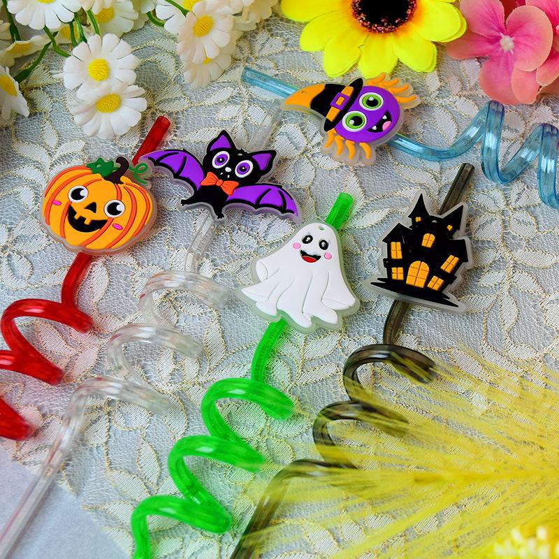 1Pcs Luminous Halloween Spiral Drinking Straws With Bats Ghost Pumpkin Witch Patterns Goodie Gifts For Kids Halloween Party