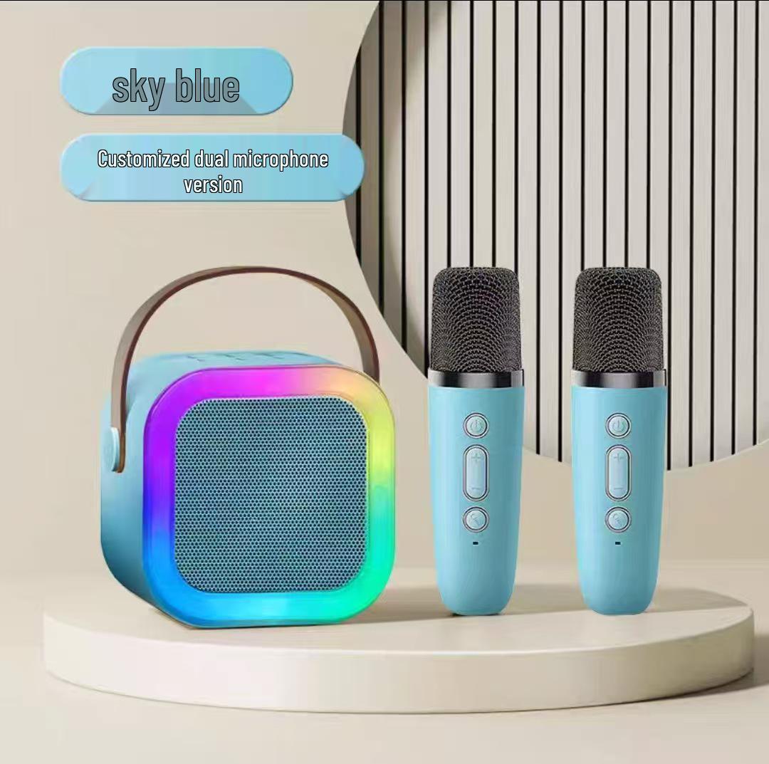 

Портативная Bluetooth-колонка для K-song с двумя микрофонами, караоке KTV и подсветкой для использования на открытом воздухе 89*69*89 mm синий