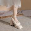 Autumn and winter velvet French fairy one-word buckle high heels women's thick heel bridesmaid shoes medium heel fluffy Mary Jane single shoes
