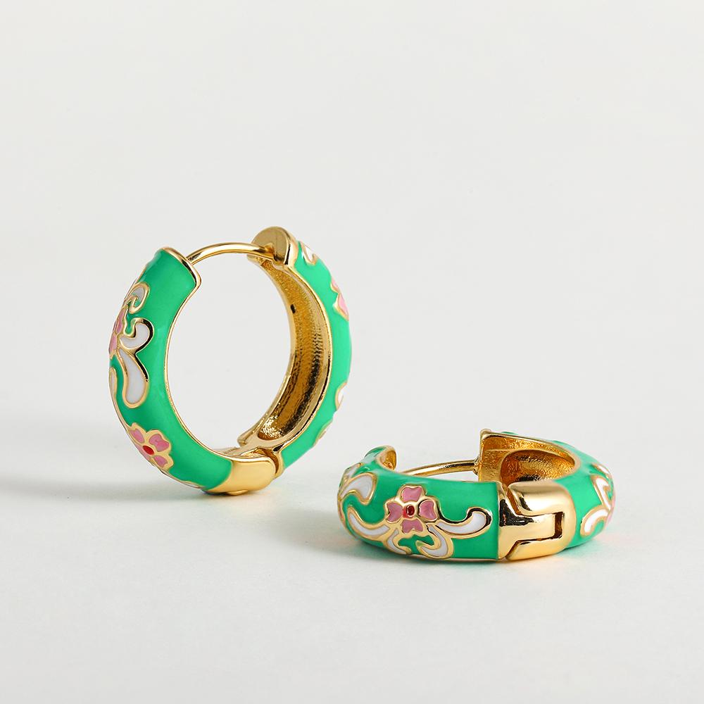 

Vintage Colorful Flower Small Hoop Earrings Metal Enamel Flowers and Plants Circle Huggie Hoops Female Trendy Zircon Gift зелений
