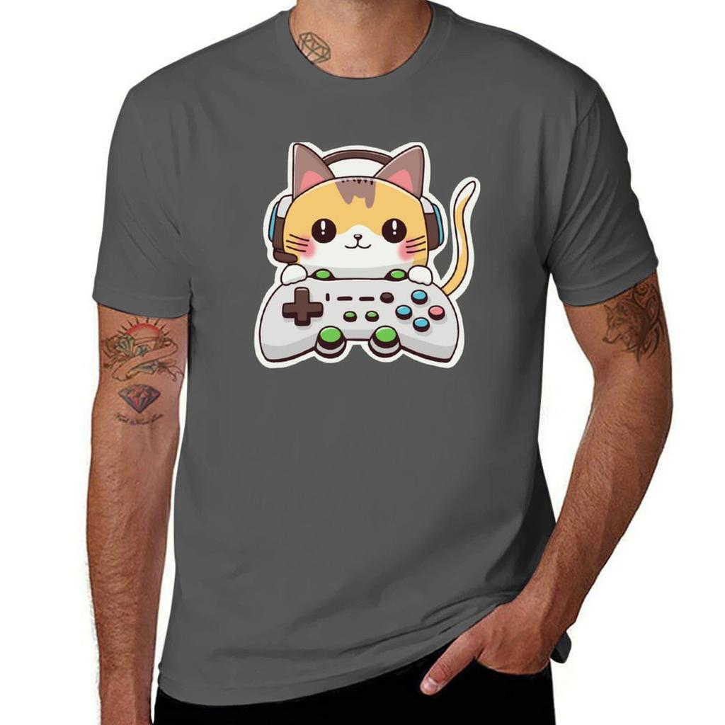 Kawaii Gamer Cat Tshirt Soft Basic Cotton Short Sleeve Tee