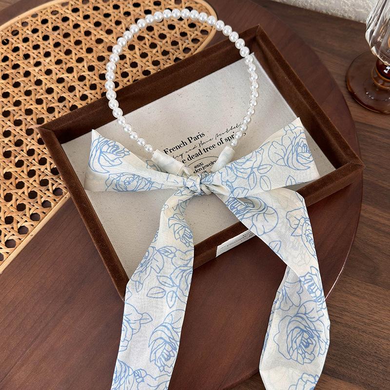 Rose Flowers Silk Scarf Hairband Retro Pearl Hair Hoop Braided Hair Streamers For Womens Girls Elegant Headband Hair Accessories