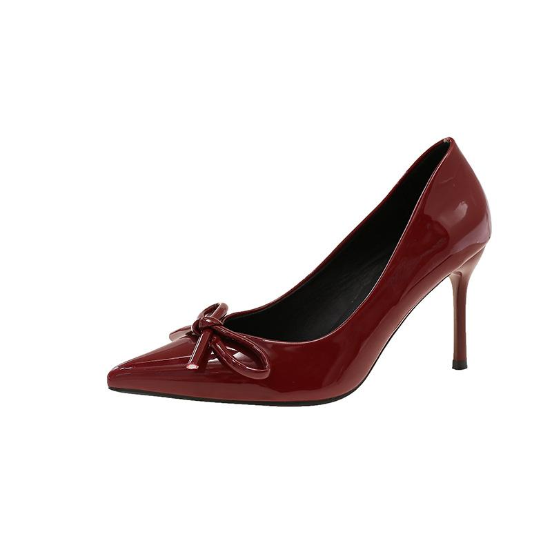 Beautiful 2025 new nude high heels women's stiletto bar mitzvah pointed bow French patent leather shoes