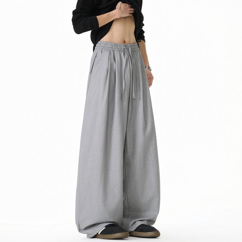 Mens Loose Draped Double Pleated Waist Straight Casual Long Trousers