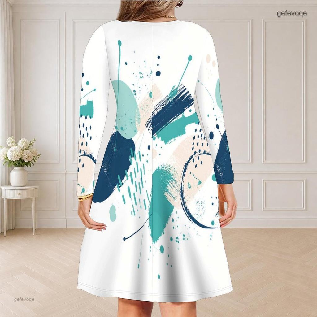 Women Plus Size V Neck Long Sleeve Abstract Leaf Print Curved Hem Casual Dress