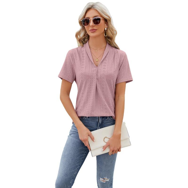 Women's Spring and Summer New, V-neck Jacquard, Loose Tops, Lapel Swallowtail, Short Sleeve T-shirt