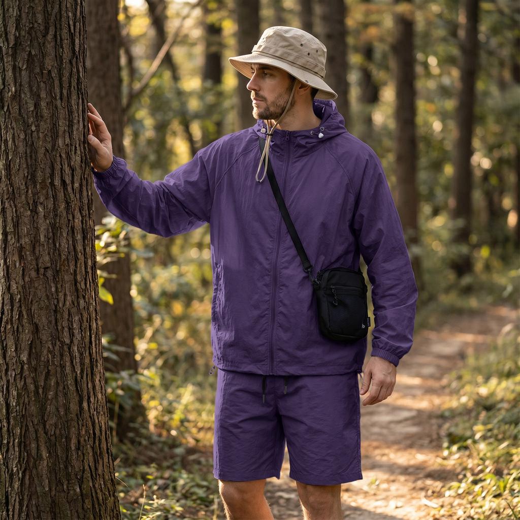 Men's Lightweight Hooded Jacket and Shorts Set Quick Dry Breathable Sun Protection Outdoor Sports Casual Activewear with Long Sleeve Option