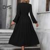 Women Spring Fall Dress V Neck Slim Waist Long Bubble Sleeves A-line Pleated MId-calf Length Flowy Dress Prom Party Dating Midi Dress