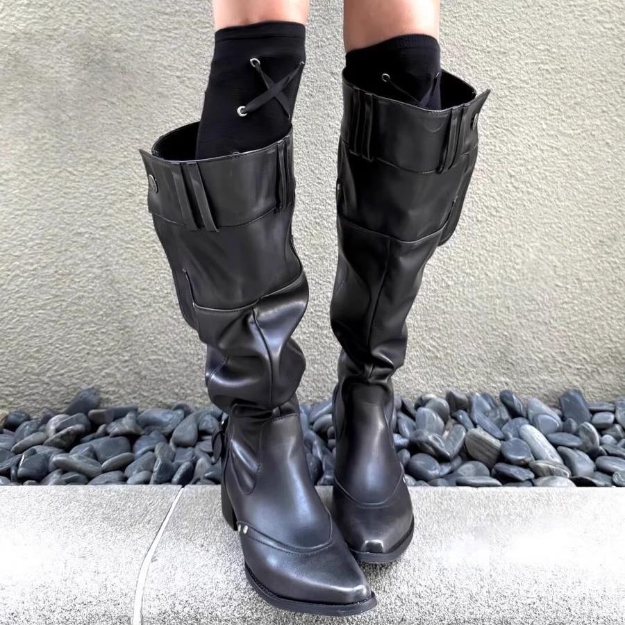 Big Tube Around Long Boots for Women But Over the Knee 2025 Spring and Summer New Thick Heel Thin Pointed Belt Buckle Pleated Pile Boots