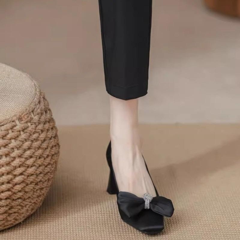 High heels women's new autumn stiletto bow versatile non-grinding feet shallow mouth pointed head black single shoes women