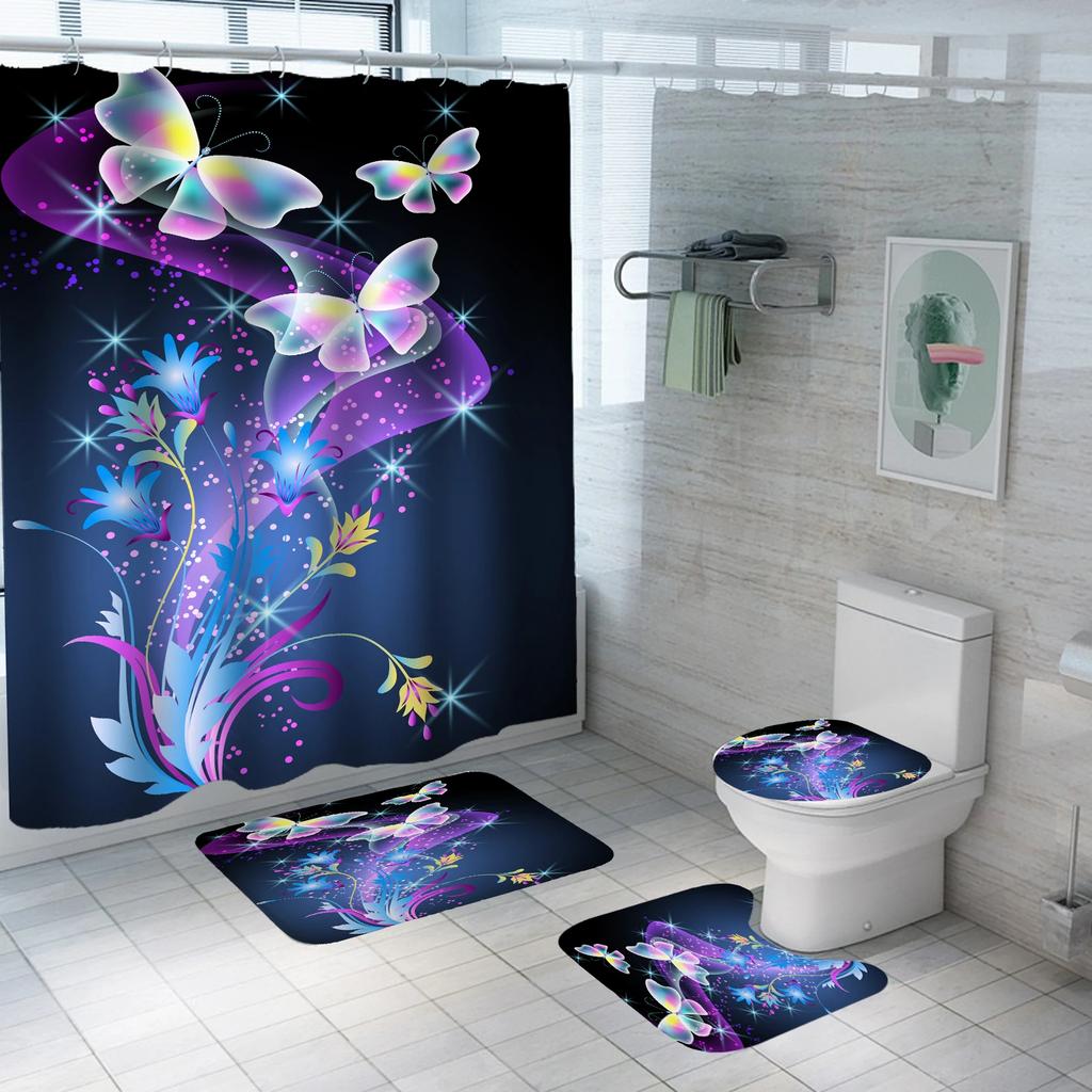 Colorful Butterfly Shower Curtain Set Waterproof Bathroom Curtain Set Anti-Slip Bath Mat Set Toilet Rugs Carpet Home Decor