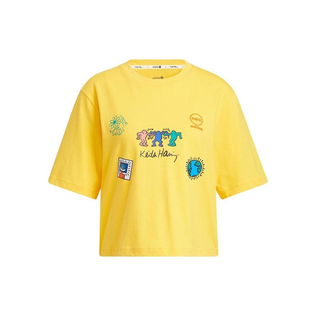 Adidas Neo Keith Haring SS22 Cartoon Crew Neck Casual Short Sleeve T-Shirt Women Tops Yellow HD7253