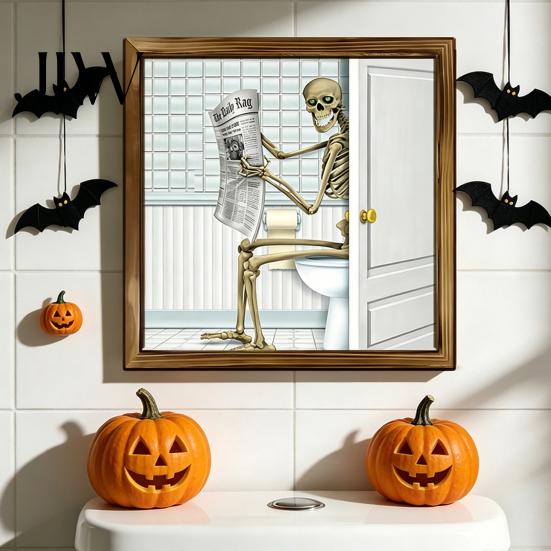 Moisture Proof Wall Murals Halloween Skeleton Art, Funny Bathroom Toilet Decal with Ghost Clown, Niche Creative Decorations 2D Wooden Art Sign, Spooky