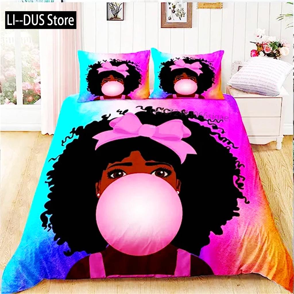 African American Black Girl Duvet Cover Black Girl Magic Bedding Set Cute Little Afro Black Princess Bed Cover Girl Room Decor
