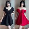Fashion Sexy Dress Temperament Celebrity Low Chest Zipper Bubble Sleeve Word Dress High Waist Skinny Niche Muse Dress