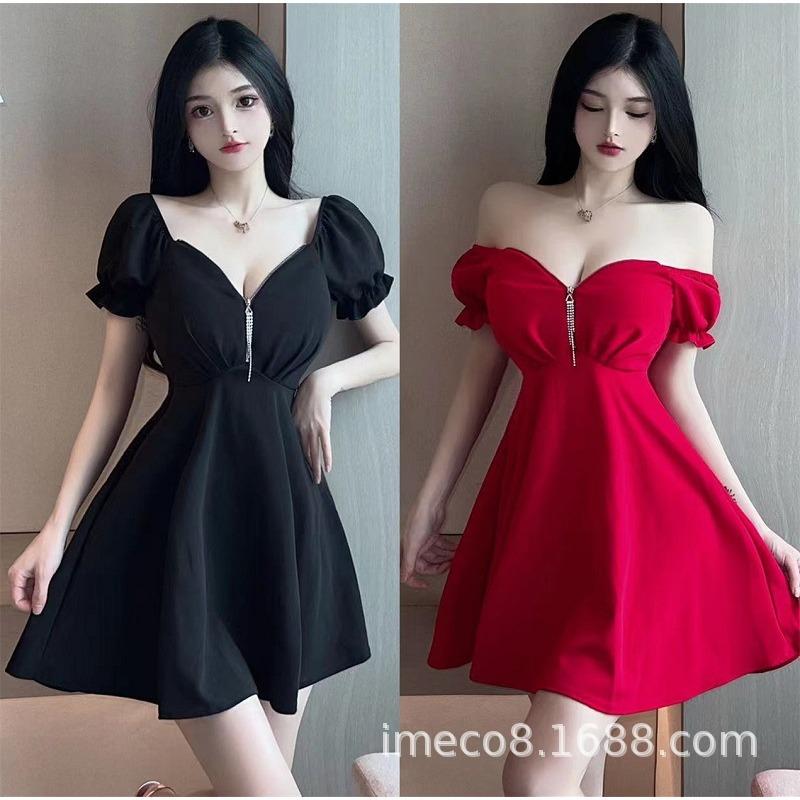 Fashion Sexy Dress Temperament Celebrity Low Chest Zipper Bubble Sleeve Word Dress High Waist Skinny Niche Muse Dress
