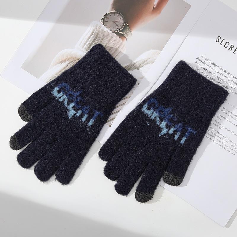 Touchable Screen New Autumn and Winter Men's Knitted Warm Gloves Cycling Cold Proof Letters Jacquard Cycling Fingers Five Fingers