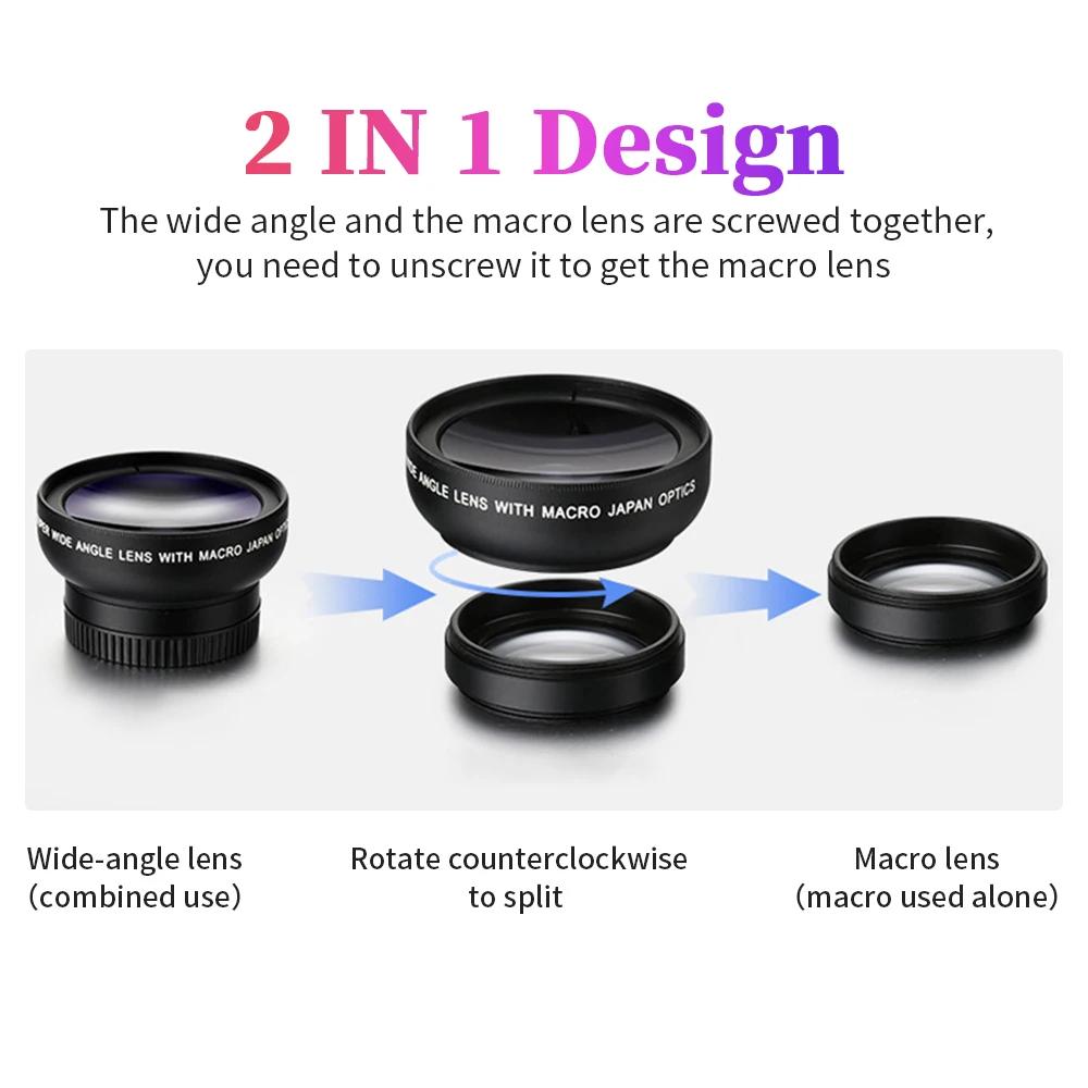 Universal 2 IN 1 Lens Clip 37mm Mobile Phone Lens Professional 0.45x 49uv Super Wide-Angle + Macro HD Lens for iPhone Xiaomi 12