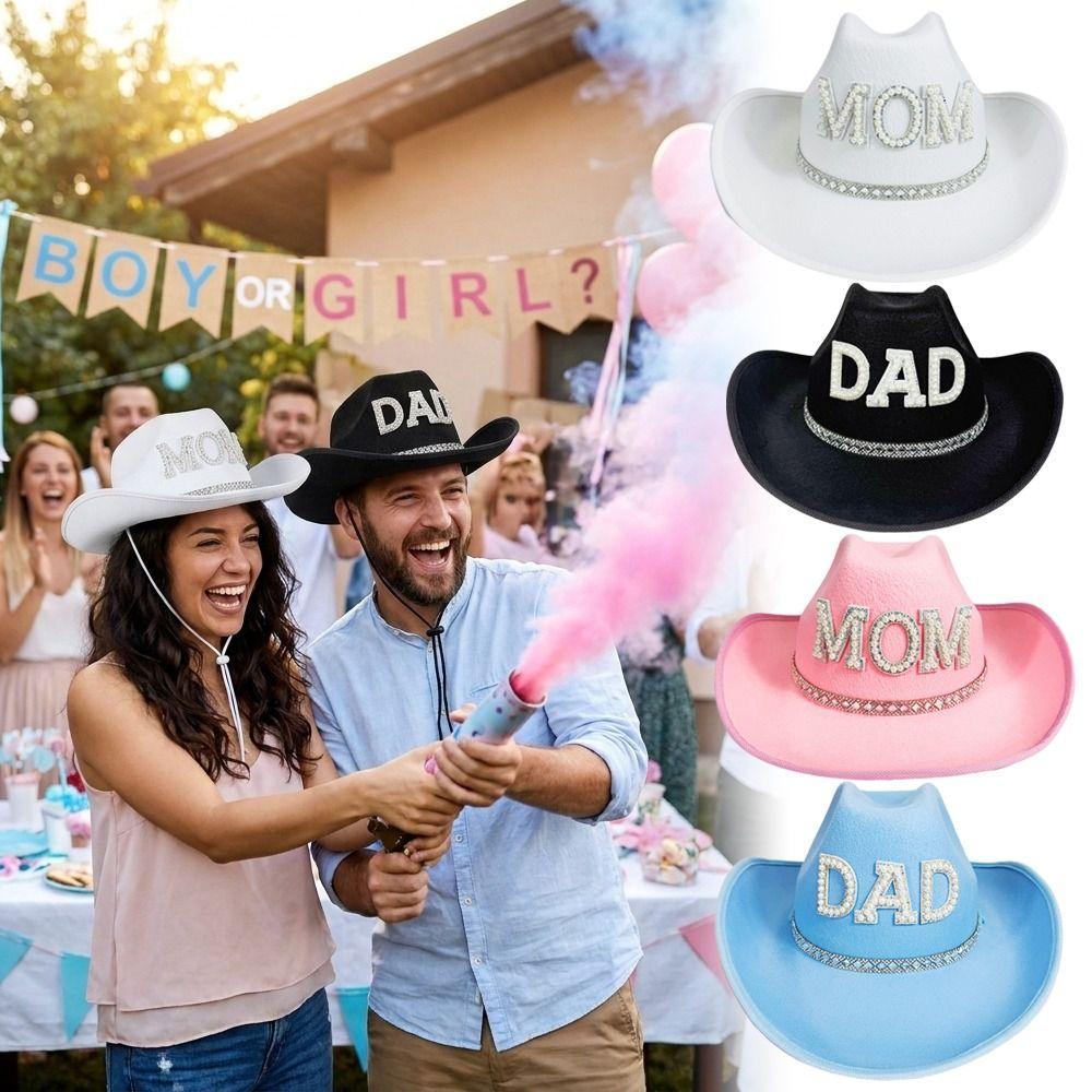 Fashion Rhinestone Letters Mom Dad Cowboy Hat Wide Brim Retro Western Cowboy Hat Vintage Jazz Hat For Gender Reveal Party