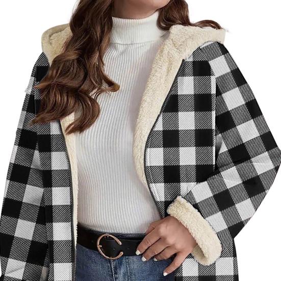 Women's Sherpa Plaid Shacket Long Sleeve Fleece Lined Jacket Oversized Warm Zip Up Hooded Coat Winter Outerwear