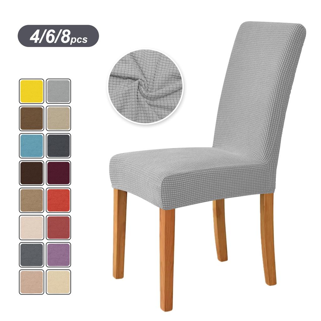 4PCS Stretch Dining Chair Covers Feature Textured Checked Jacquard Fabric High Back Chair Slipcover Thick Chair Protectors