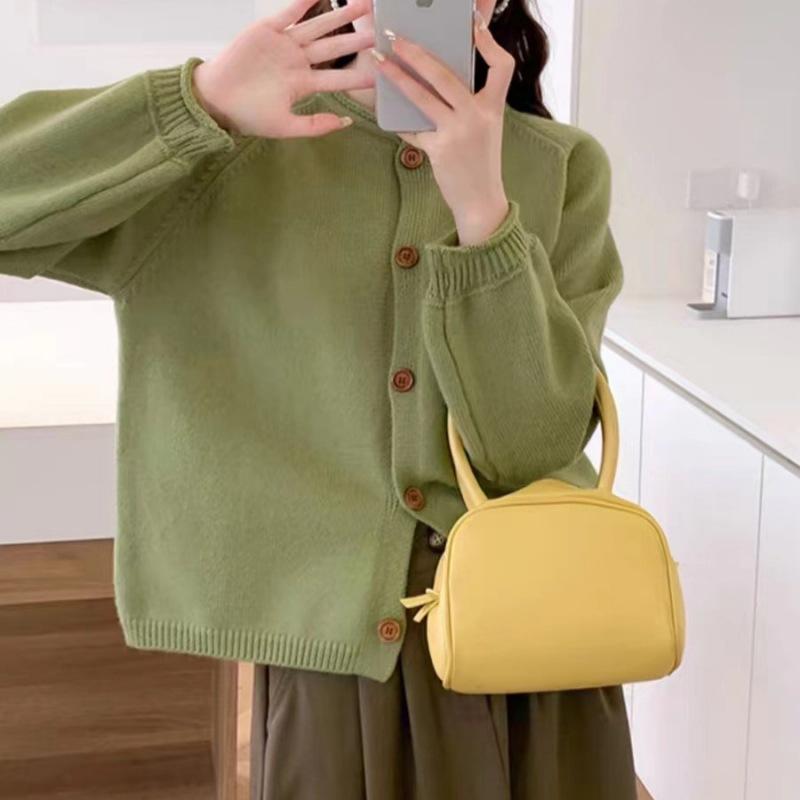 

Осень и зима новый универсальный свитер-куртка мягкий восковой верхняя одежда однотонный закрученный край простой ветер круглый вырез вязаный кардиган женский желто-зеленый