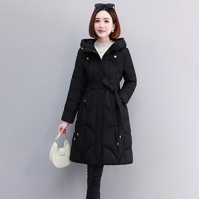 Chaqueta larga acolchada de algodón para mujer, ropa acolchada de algodón con cinturón y cuello de piel grande cálido para invierno
