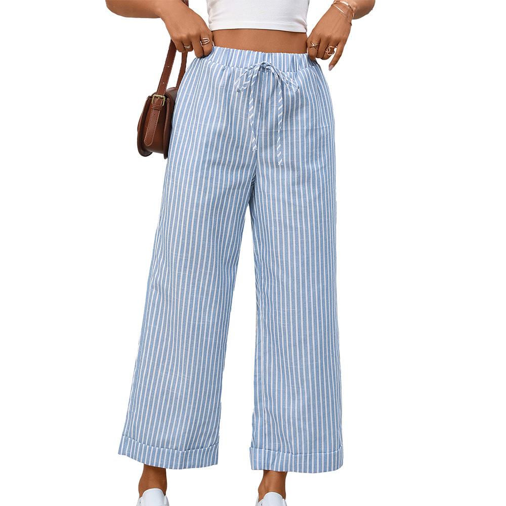 Women's High Waist Drawstring Wide Leg Pants Straight Fit Striped Casual Cropped Trousers
