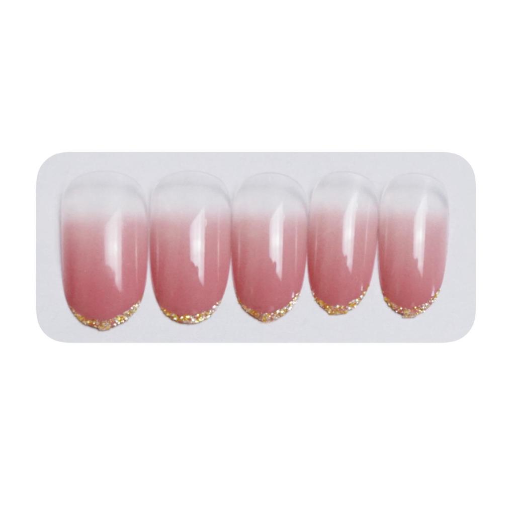Nude Pink Pointed French Glitter Nail Stickers with Gold Edge - Waterproof and Removable.