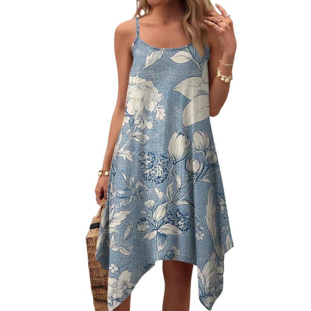 Women's Summer Casual Vintage Floral Print Round Neck Adjustable Suspender Dress With Pockets