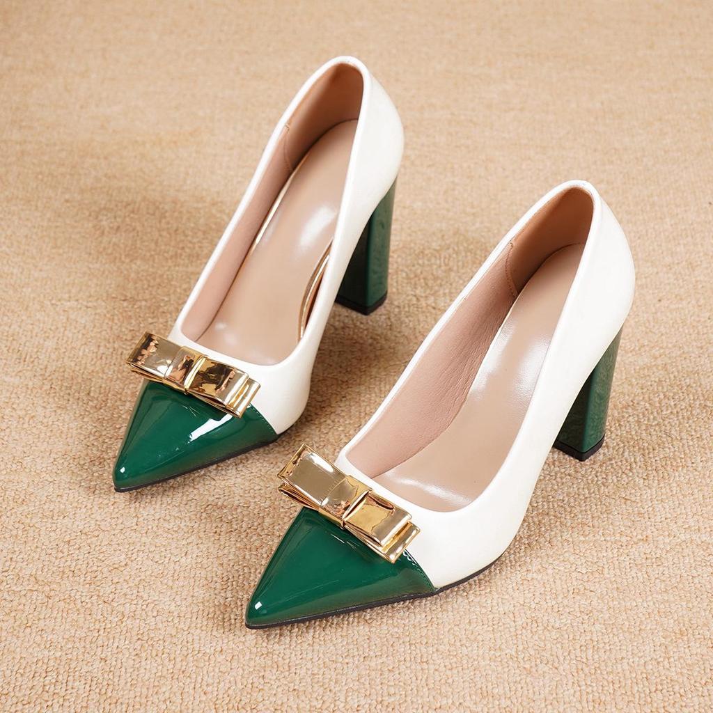 European & American Women's Chunky Heel Bow High Heels - Patent Leather, Pointed Toe, Plus Size