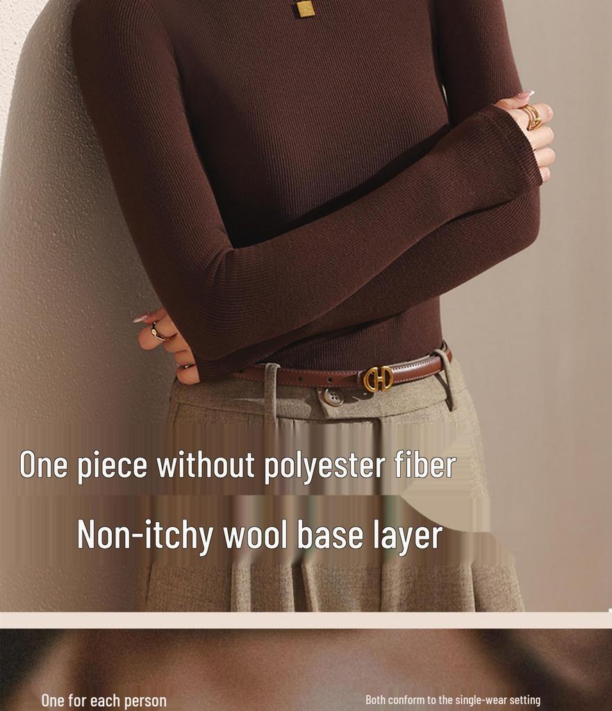 Women's Black Fleece-Lined Half-High Neck Base Layer Knit Top - Thickened Long Sleeve for Autumn/Winter 2026