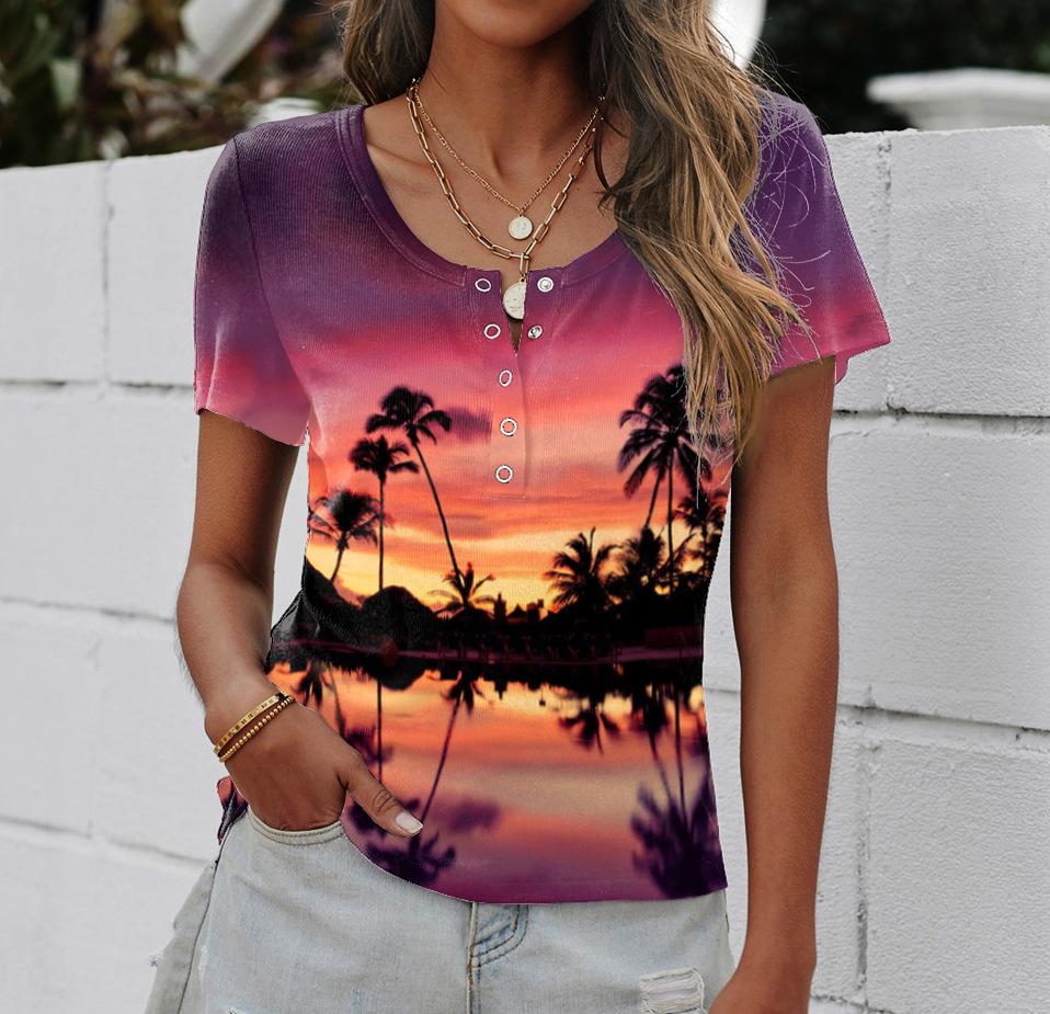 3D Digital Printed Plant Flower Series Summer T-shirt Short Sleeved Round Neck Top