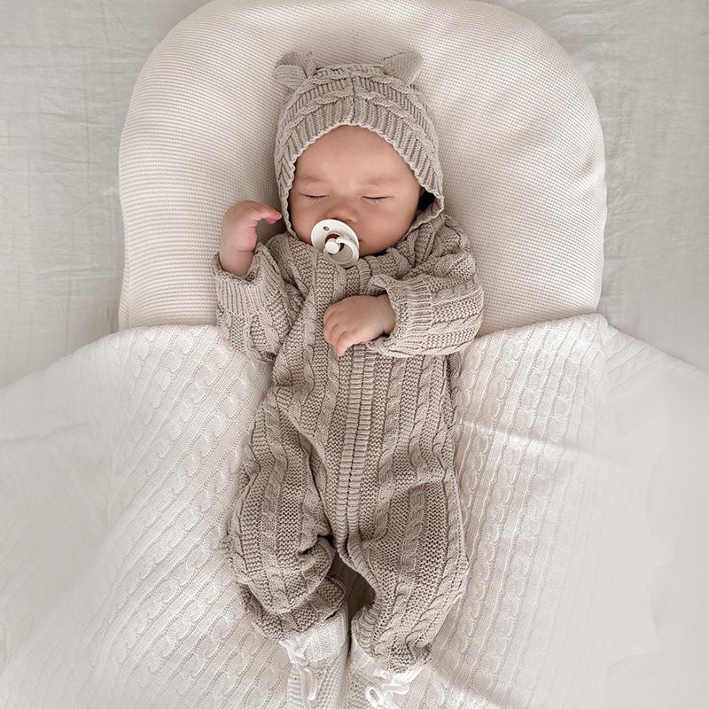 

Baby Hooded Knit Cable Romper with Ear Hat for Autumn & Winter - Unisex, Long Sleeve 90 cm серый