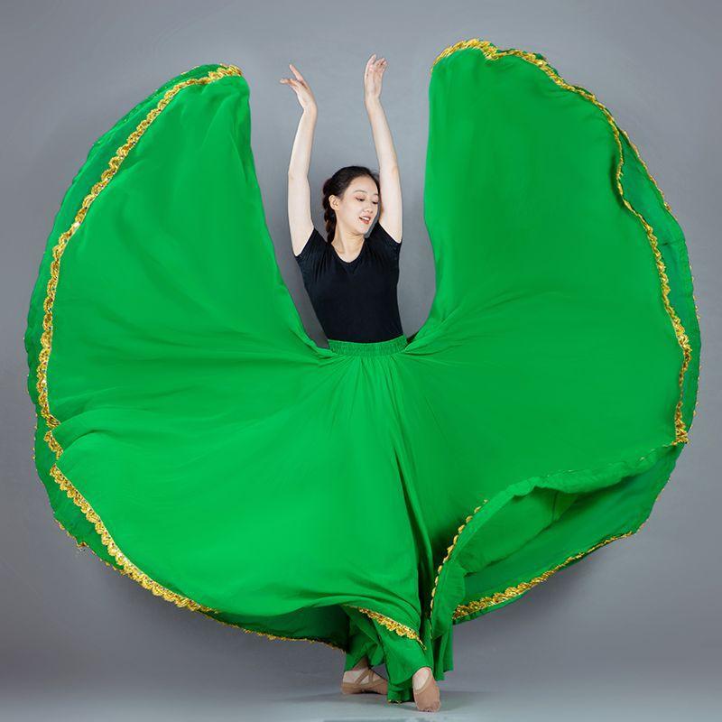 Women's 720 Degree Solid Color Dance Skirt Spanish Flamenco Big Swing High Waist Long Skirt Mexican Dance Performance Costume