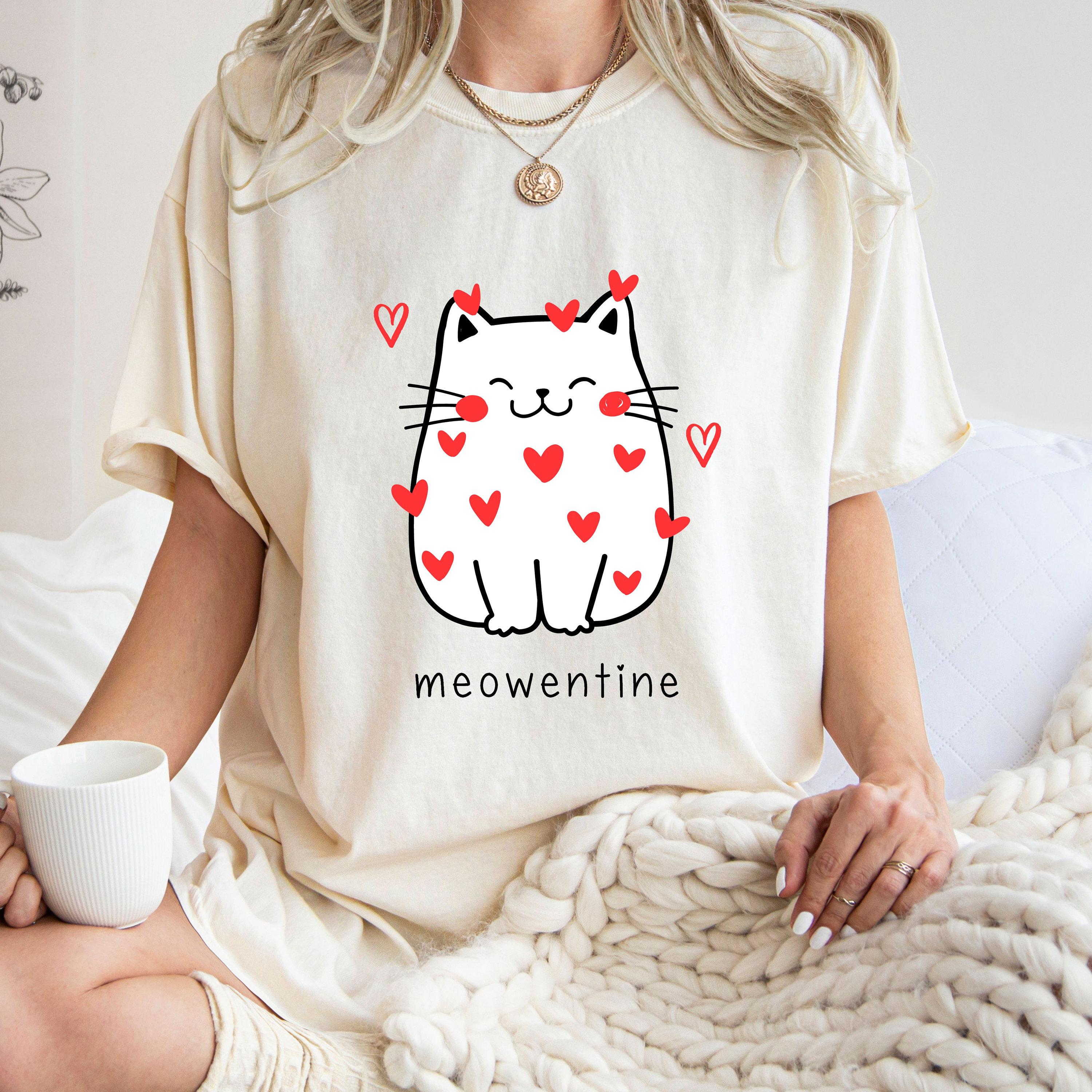 Valentines Day T Shirt Meowentine Women Shirt Funny Cotton Tops S бежевый