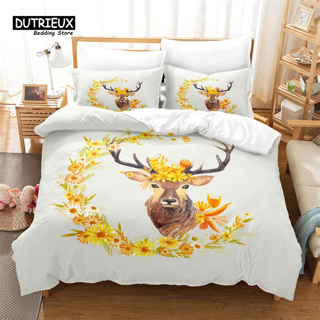 Cartoon Elk Duvet Cover Giraffe Deer Bedding Set Full For Kids Teens Room Decor Wild Animal Floral Quilt Cover With Pillowcases