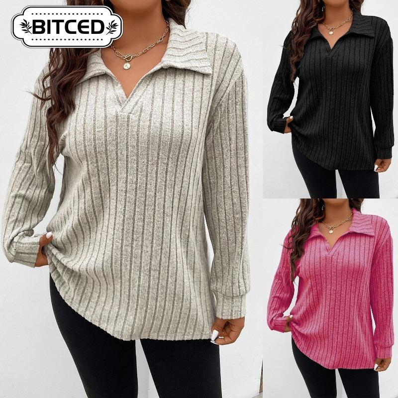 BITCED Women's Fashion Casual Solid Color Print Long Sleeve V-Neck Blouses & Shirts