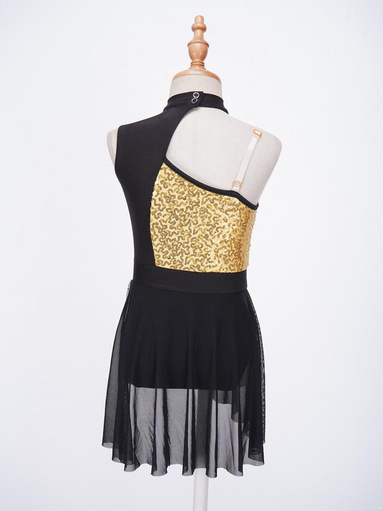 Mädchen-Ballett-Gymnastik-Trikotkleid, glänzende Pailletten, schulterfrei, lyrisches Tanzkleid für Bühnenkostüme