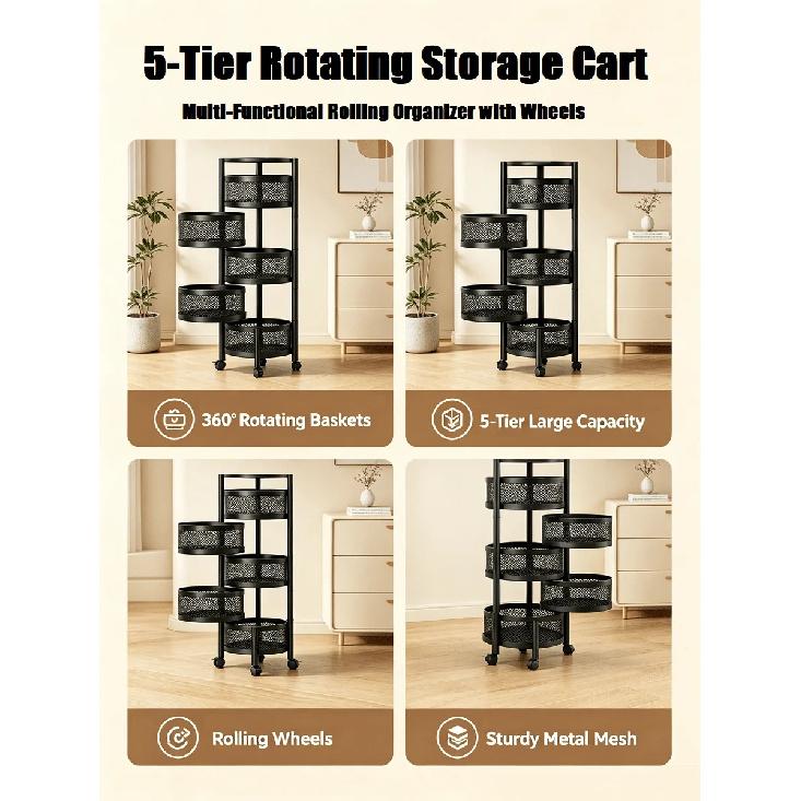 Multi-Layer Rotating Storage Cart With Wheels, 5-Tier & Bathroom Organizer Shelf, Rolling Cart For & Office, Space Black-Five-tier