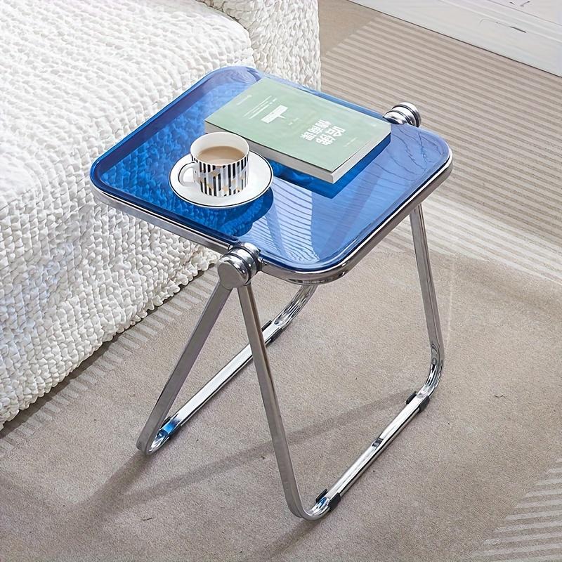 Acrylic Folding Side Table with Metal Frame, Sofa Bedside Laptop Table, Space Saving Small Coffee Table for Living Room Balcony